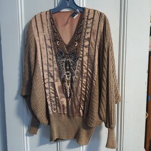 Vintage Bonnie Boerer S Knit Detail Butterfly Cinch Waist Blouse Beaded Evening